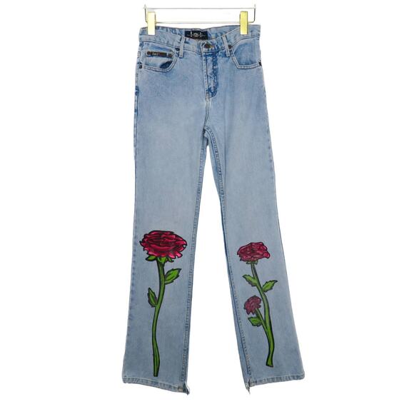 Y2k Vintage LEI Reworked Hand Painted Floral High Rise Straight Leg Jeans 26" - Picture 2 of 9